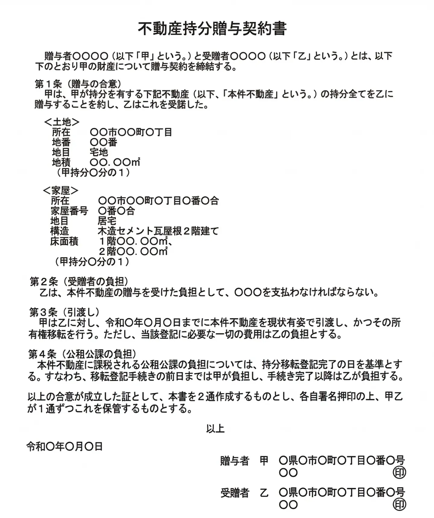 共有持分の贈与契約書のひな形