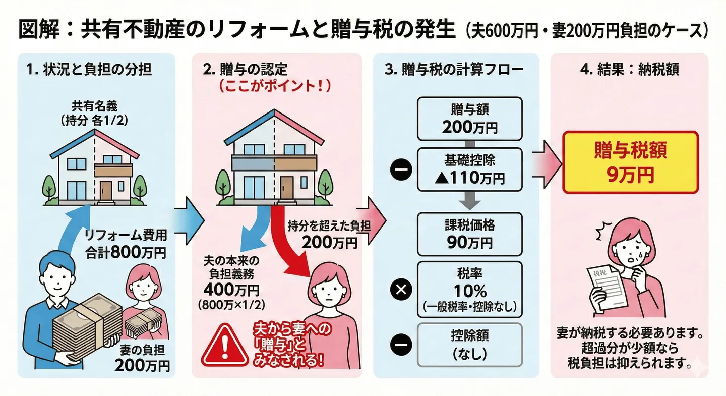 リフォーム費用800万円のうち600万円を夫が負担した場合