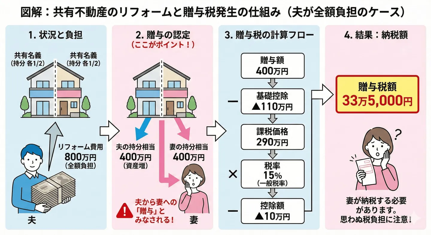 リフォーム費用800万円を夫が全額負担した場合