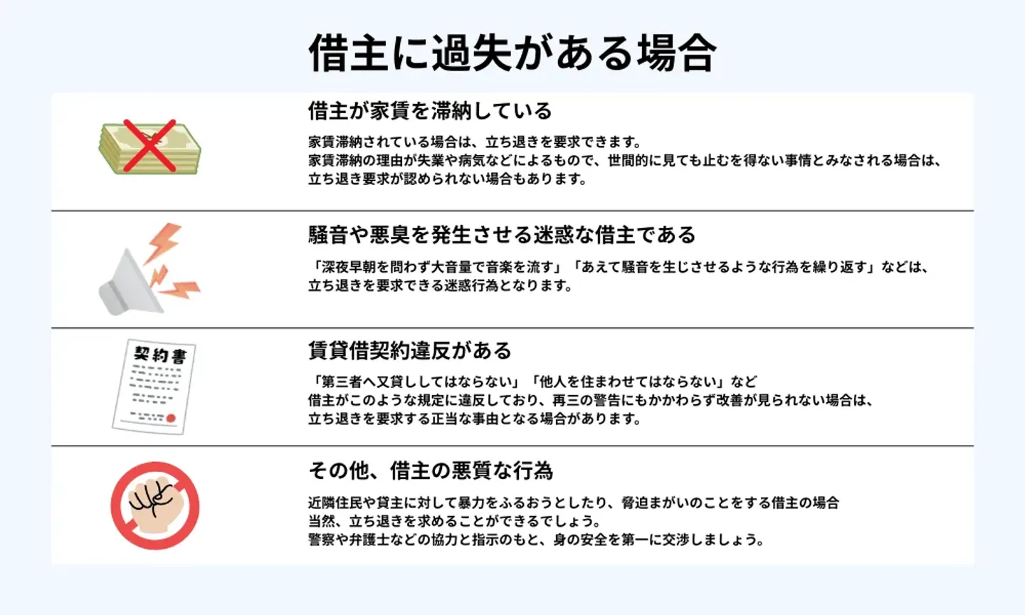 借主に過失がある場合は立ち退き要求が認められる可能性がある